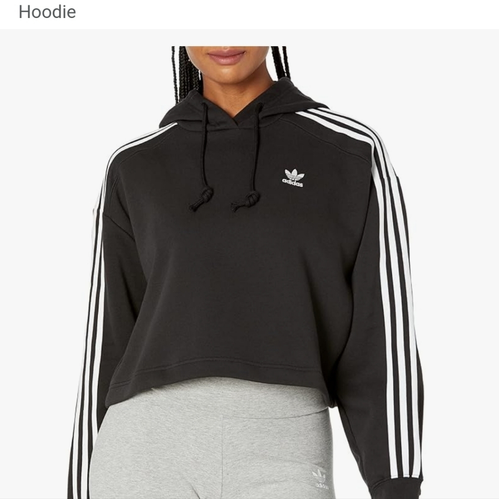 Adidas Black Cropped Hoodie With White Sleeve Stripes Sz XL